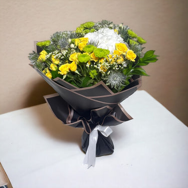 Sunny Bloom Mix, Spray Rose Yellow, Hydrangea, Chrysanthemum, Eryngium